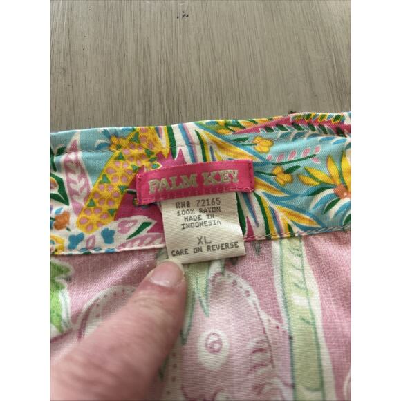 Palm Key Pink Green Elephant Giraffe Tree Print Button Front Shirt Ruffle Sz XL - Picture 5 of 10